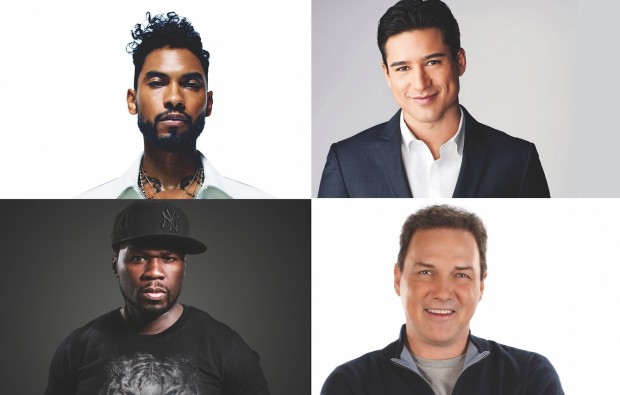 Clockwise from top left: Miguel, Mario Lopez, 50 Cent and Norm Macdonald.