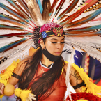 RE-VIVE Calpulli Tonalehqueh dancer Alexis ixcoxoxhitl Rosas at 2021’s Mexica New Year. Photo Credit: Buggsy Malone