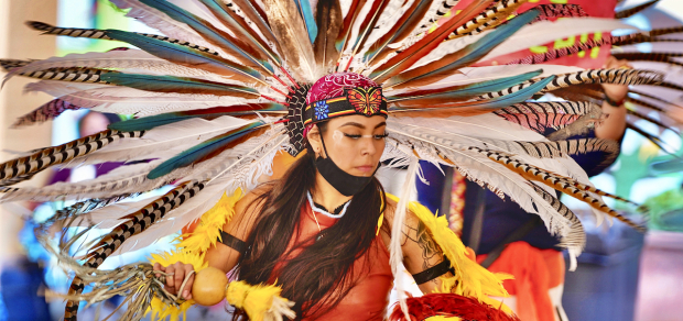 RE-VIVE Calpulli Tonalehqueh dancer Alexis ixcoxoxhitl Rosas at 2021’s Mexica New Year. Photo Credit: Buggsy Malone