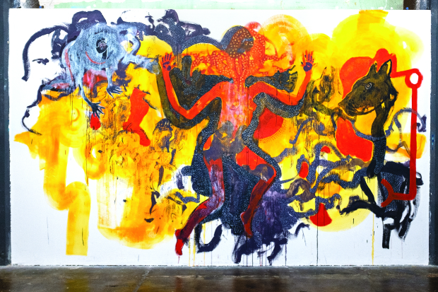 EXTRA SENSORY A first-of-its-kind large-scale mural by Céline Lyaudet displays the artist’s swirling, mingled worlds. Photo Credit: courtesy of Anno Domini